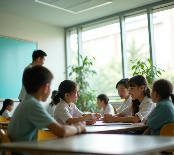 Bright and modern classroom at Dalmuri Eoneo with students engaged in a lesson.