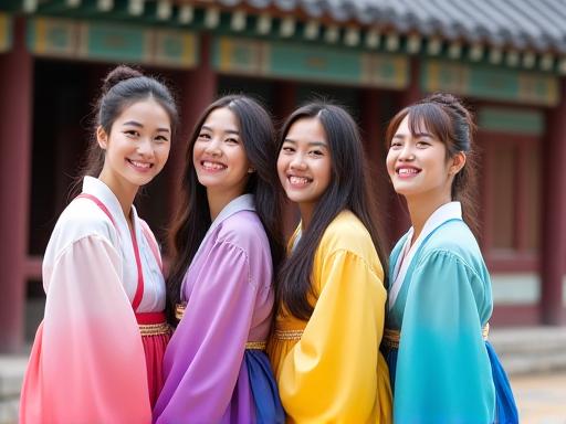 Students smiling while wearing traditional Hanbok at Gyeongbok Palace.