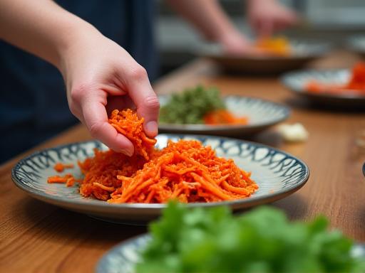 Close-up of students learning to make Kimchi.