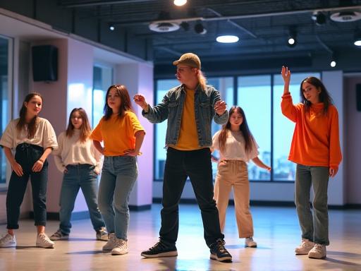 A group of students learning a K-Pop dance routine in a studio.