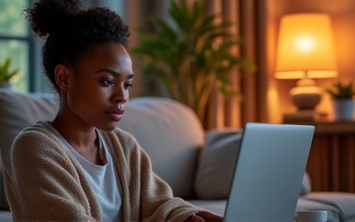 A person learning from a laptop at home.