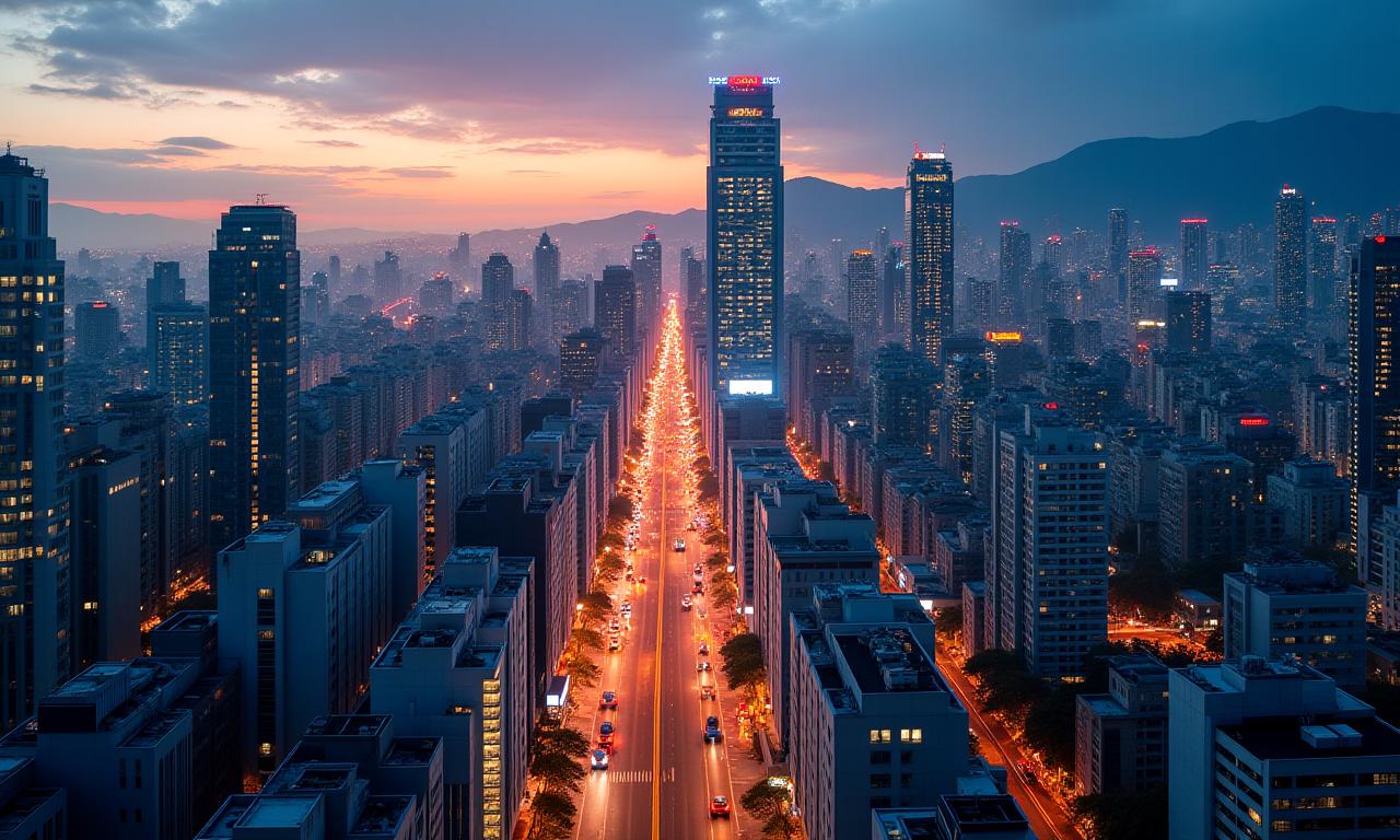 Panoramic view of Gangnam, Seoul at dusk.