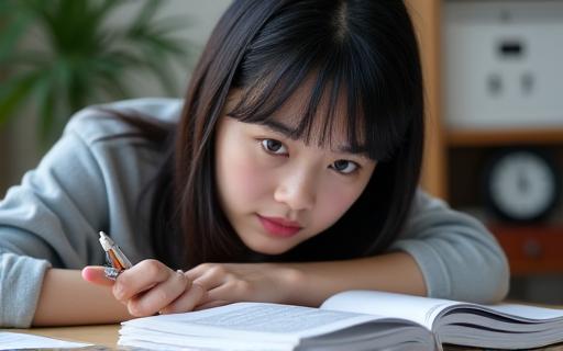 A student studying intently for the TOPIK exam.